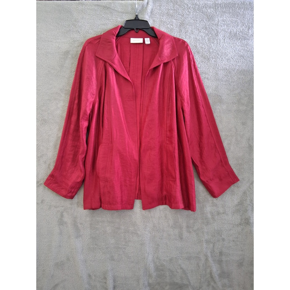 Chicos Open Front Jacket Sz Lg Red Shimmer Evening Office Chic Unstructured